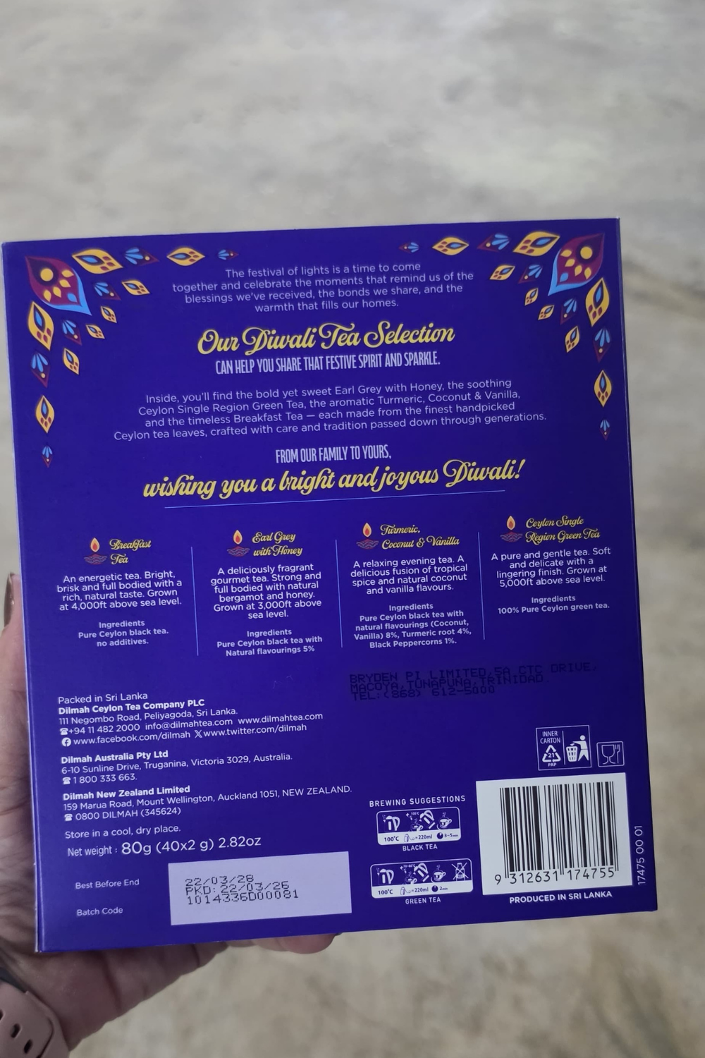 Dilmah Diwali Tea Selection Box with 40 individually wrapped tea bags in four tea varieties.