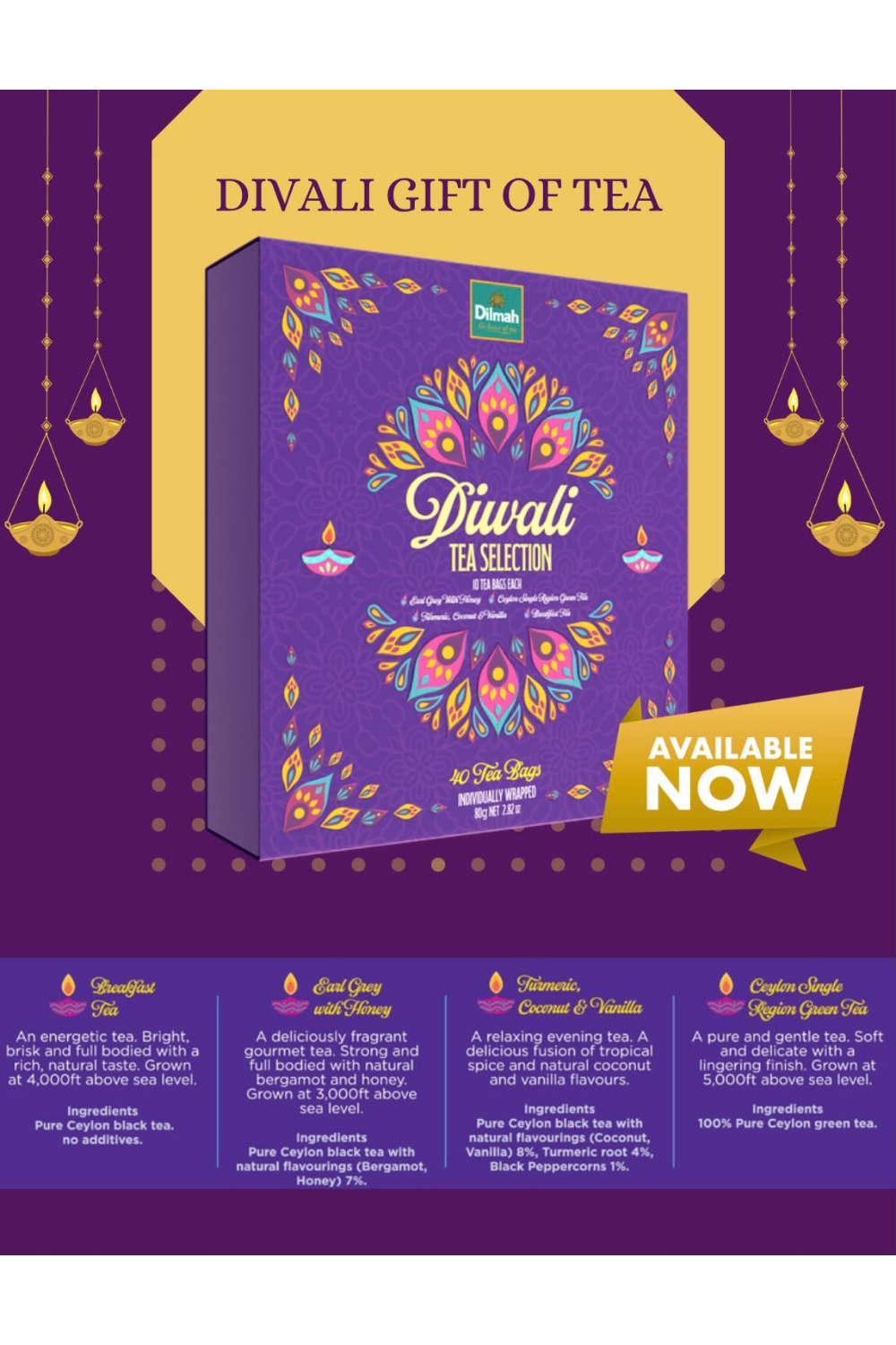 Dilmah Diwali Tea Selection Box with 40 individually wrapped tea bags in four tea varieties.
