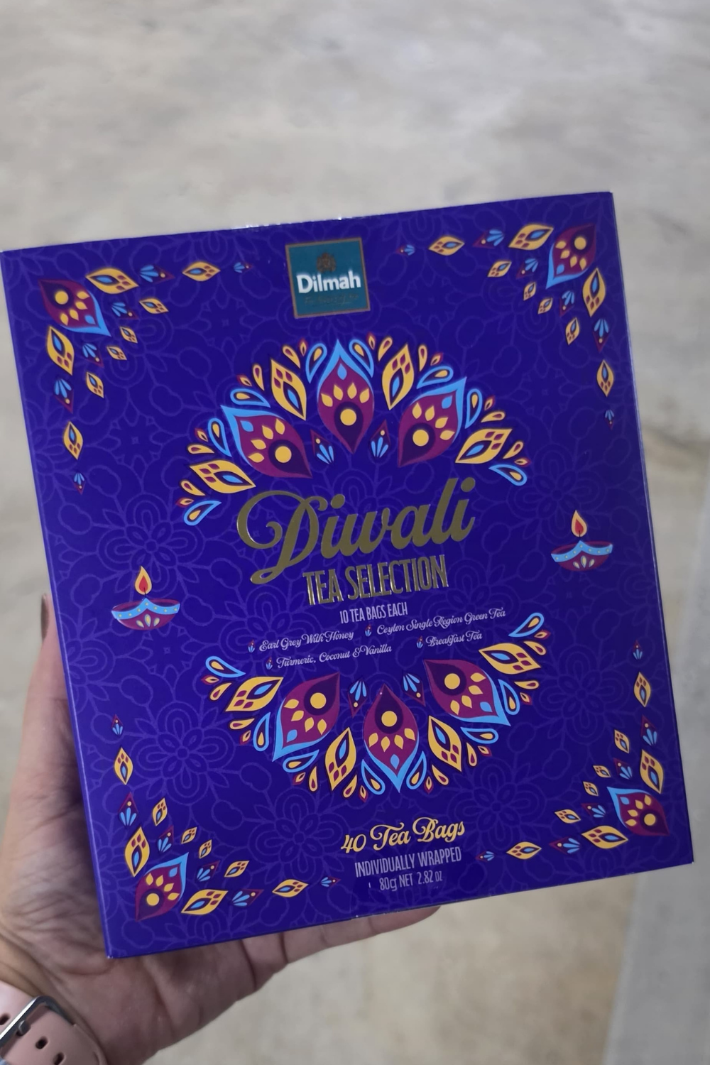 Dilmah Diwali Tea Selection Box with 40 individually wrapped tea bags in four tea varieties.