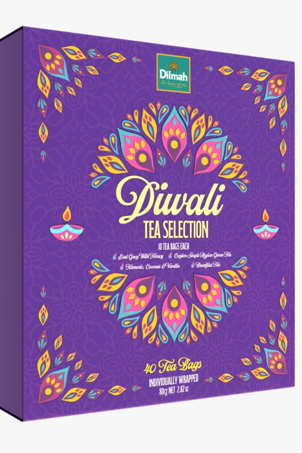Dilmah Diwali Tea Selection Box with 40 individually wrapped tea bags in four tea varieties.